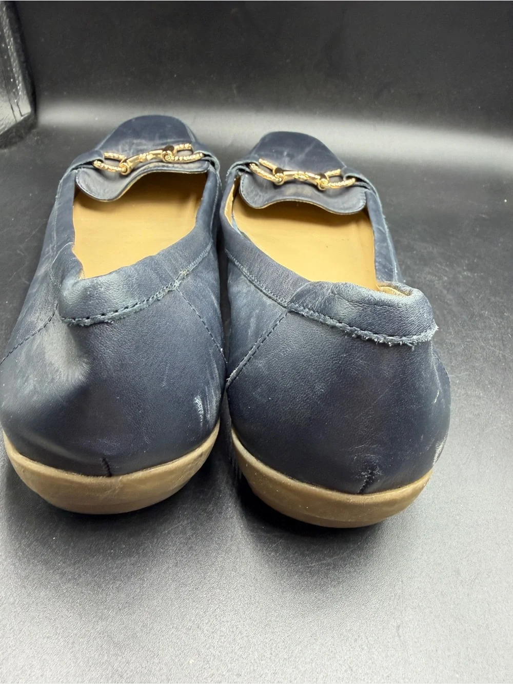 Easy spirit Classic Navy Leather Women’s Loafers with Gold Bit Detail